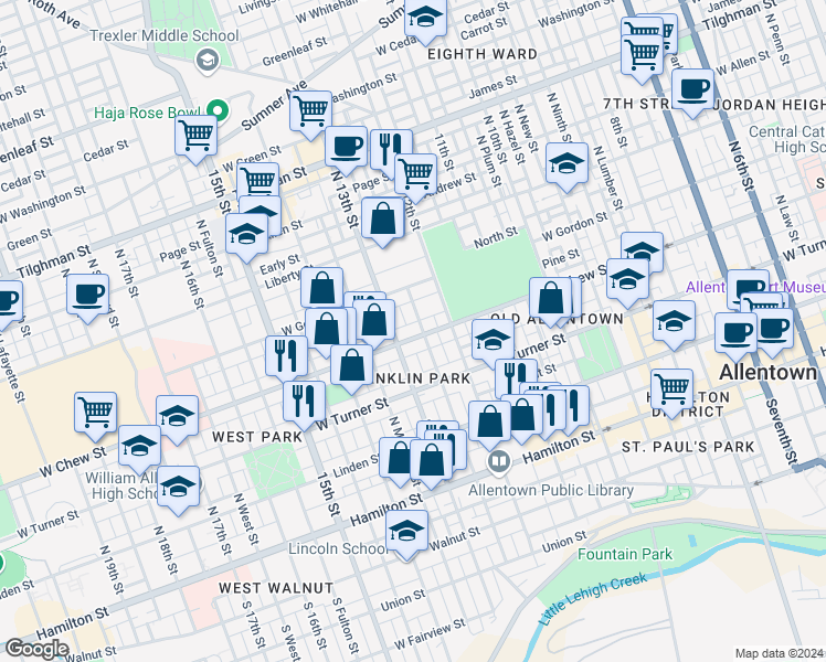 map of restaurants, bars, coffee shops, grocery stores, and more near 1220 West Chew Street in Allentown