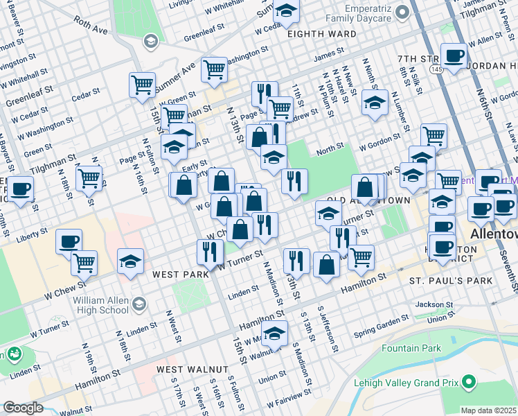 map of restaurants, bars, coffee shops, grocery stores, and more near 311 North 13th Street in Allentown