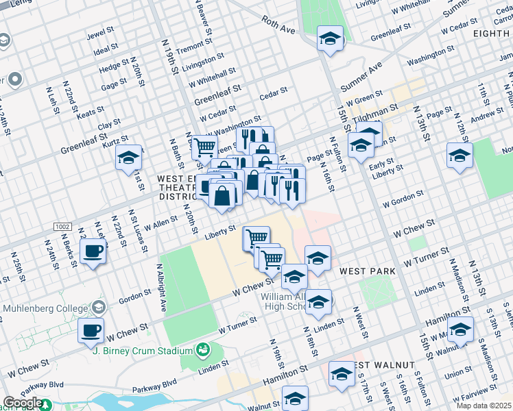 map of restaurants, bars, coffee shops, grocery stores, and more near 514 North 18th Street in Allentown