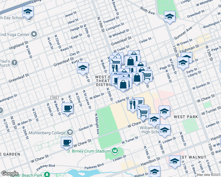 map of restaurants, bars, coffee shops, grocery stores, and more near 1949 Allen Street in Allentown