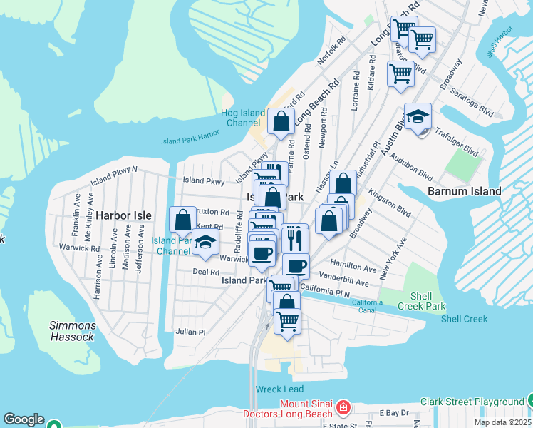 map of restaurants, bars, coffee shops, grocery stores, and more near 240 Long Beach Road in Island Park