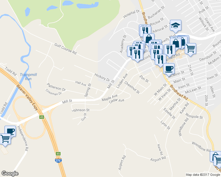 map of restaurants, bars, coffee shops, grocery stores, and more near 2609 Mill St in Aliquippa