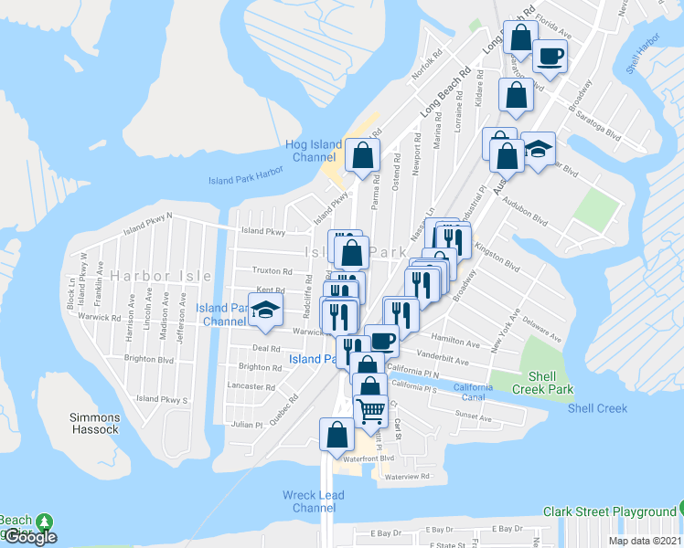map of restaurants, bars, coffee shops, grocery stores, and more near 240 Long Beach Road in Island Park