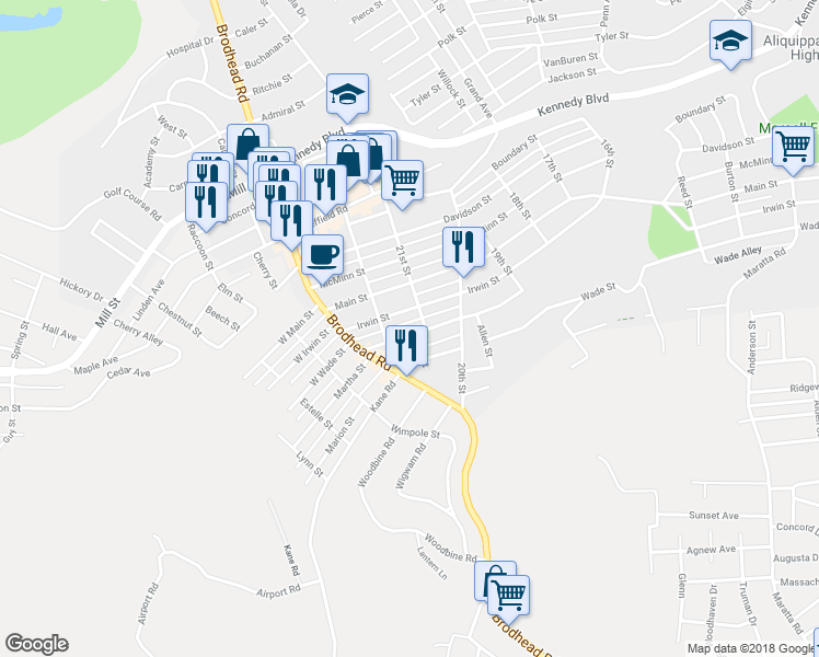 map of restaurants, bars, coffee shops, grocery stores, and more near 2106 McLean St in Aliquippa