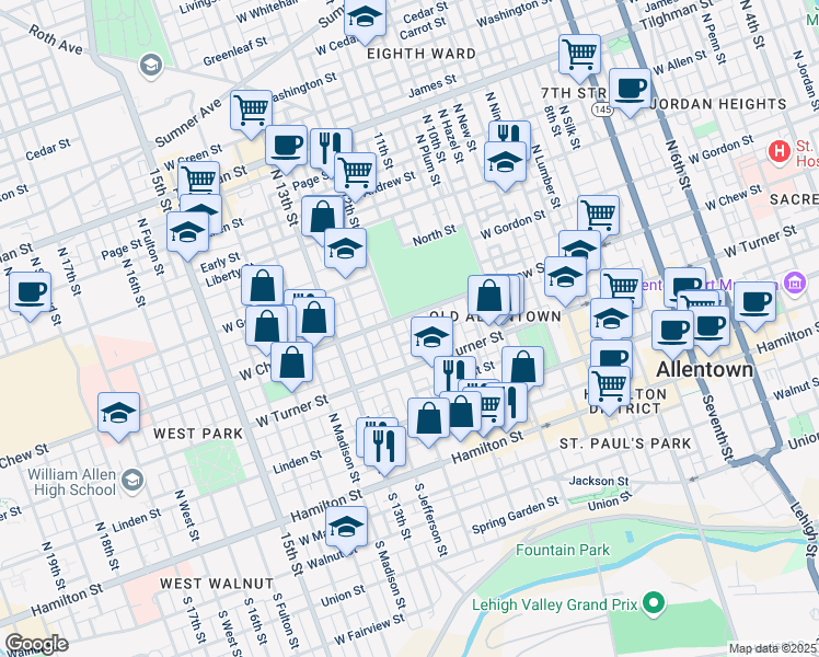 map of restaurants, bars, coffee shops, grocery stores, and more near 1141 Emmett Street in Allentown