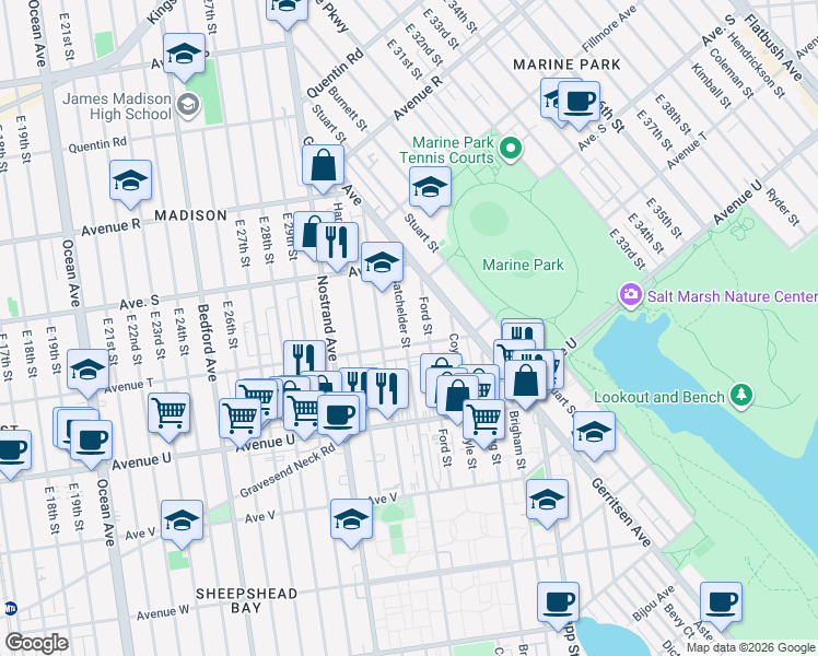 map of restaurants, bars, coffee shops, grocery stores, and more near 1979 Batchelder Street in Brooklyn