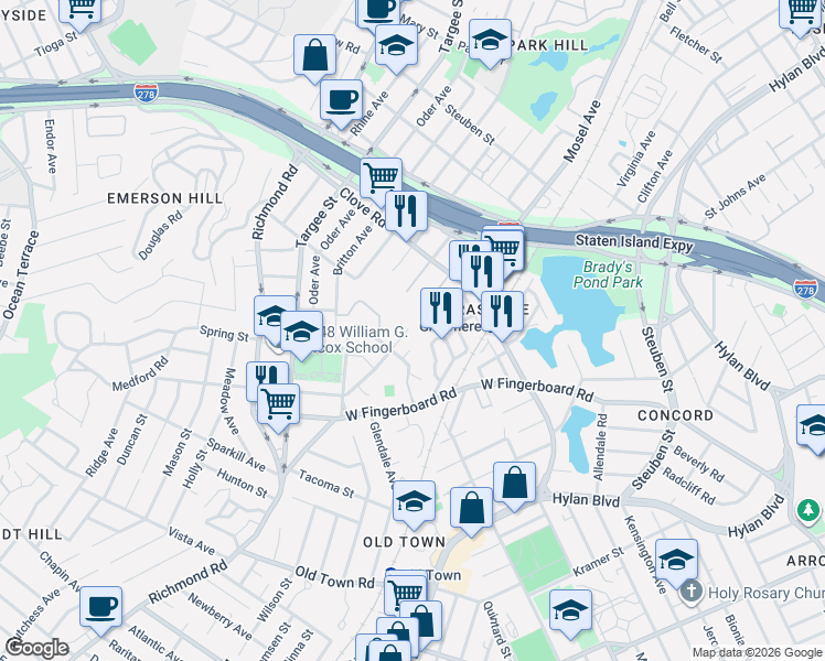 map of restaurants, bars, coffee shops, grocery stores, and more near 153 Gateway Drive in Staten Island