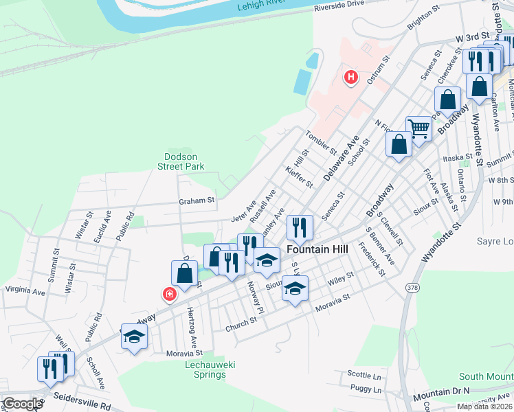 map of restaurants, bars, coffee shops, grocery stores, and more near 1201 Russell Avenue in Fountain Hill