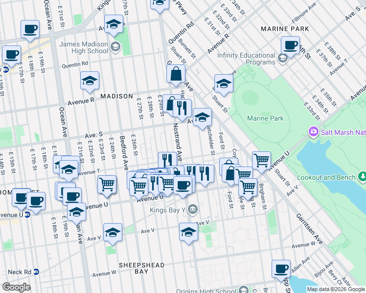 map of restaurants, bars, coffee shops, grocery stores, and more near 3315a Nostrand Avenue in Brooklyn