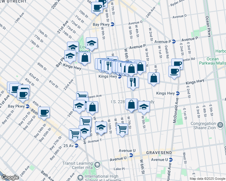 map of restaurants, bars, coffee shops, grocery stores, and more near 1789 West 9th Street in Brooklyn