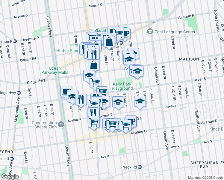 map of restaurants, bars, coffee shops, grocery stores, and more near 1887 East 13th Street in Brooklyn
