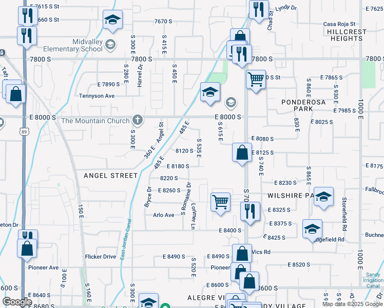 map of restaurants, bars, coffee shops, grocery stores, and more near 500 East 8120 South in Sandy