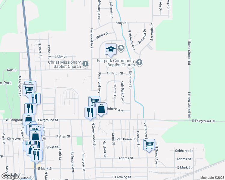 map of restaurants, bars, coffee shops, grocery stores, and more near 821 Central Dr in Marion