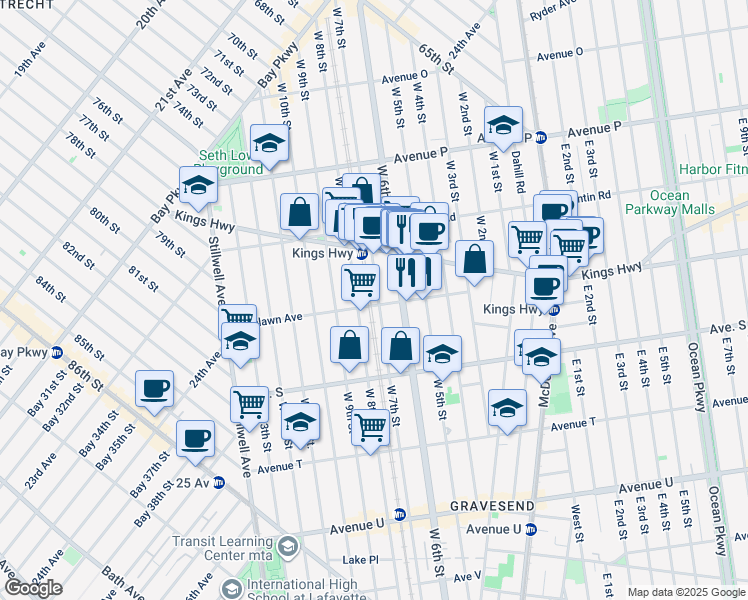 map of restaurants, bars, coffee shops, grocery stores, and more near 1798 West 7th Street in Brooklyn