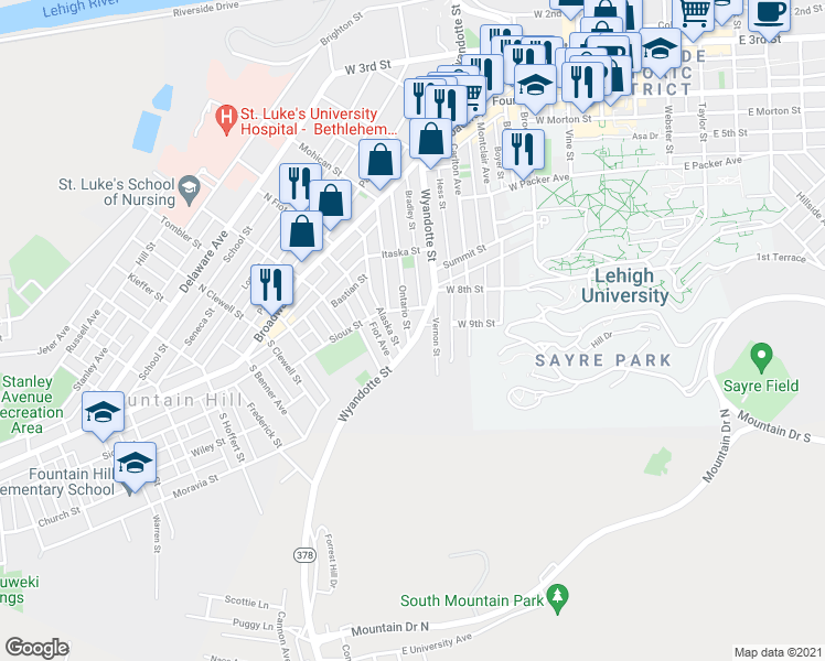 map of restaurants, bars, coffee shops, grocery stores, and more near 824 Wyandotte Street in Bethlehem