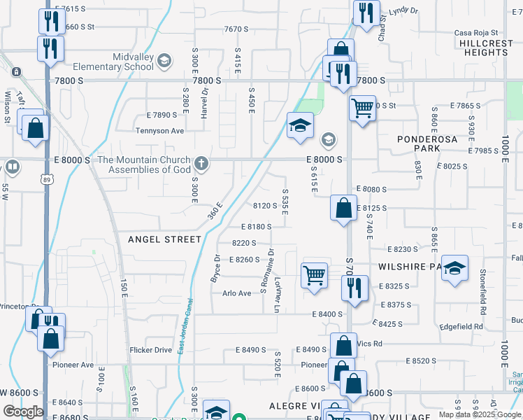 map of restaurants, bars, coffee shops, grocery stores, and more near 462 8120 South in Sandy