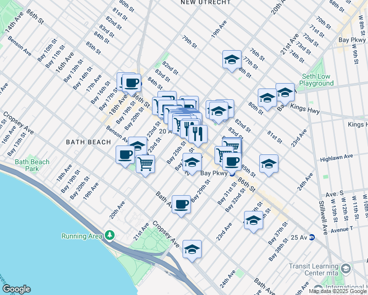 map of restaurants, bars, coffee shops, grocery stores, and more near 23 Bay 25th Street in Brooklyn