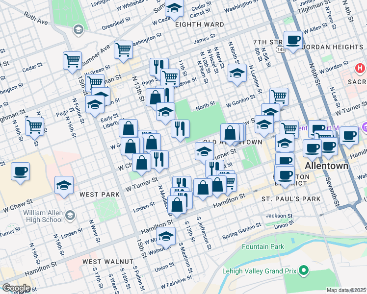 map of restaurants, bars, coffee shops, grocery stores, and more near 248 North 12th Street in Allentown