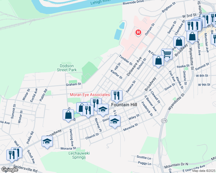 map of restaurants, bars, coffee shops, grocery stores, and more near 1123 Stanley Avenue in Fountain Hill