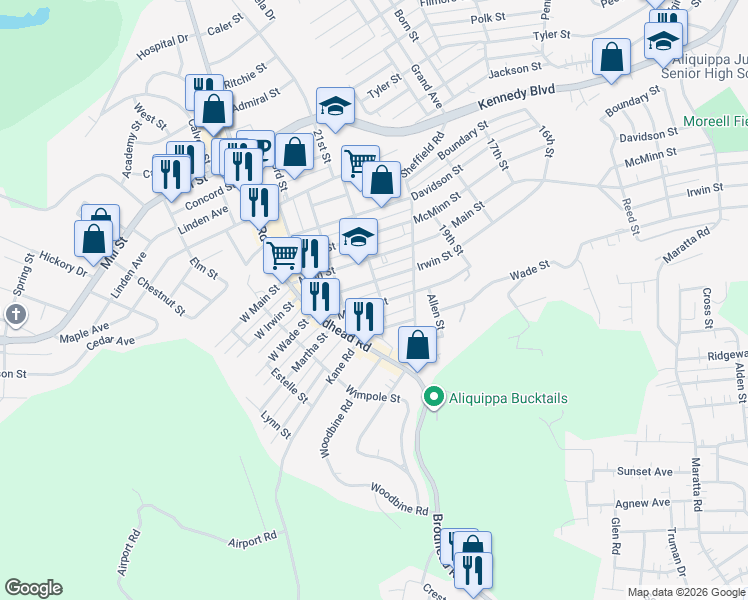 map of restaurants, bars, coffee shops, grocery stores, and more near 2106 McLean Street in Aliquippa
