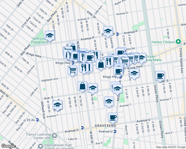 map of restaurants, bars, coffee shops, grocery stores, and more near 1802 West 4th Street in Brooklyn