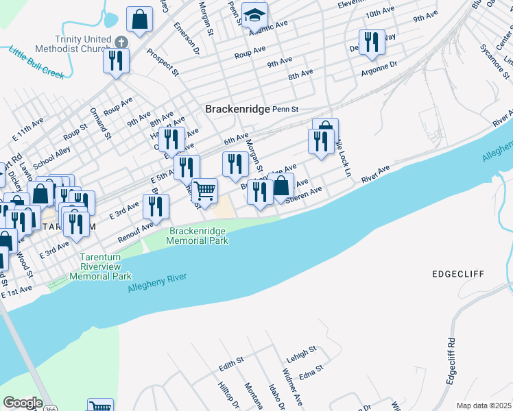 map of restaurants, bars, coffee shops, grocery stores, and more near 906 Stieren Avenue in Brackenridge
