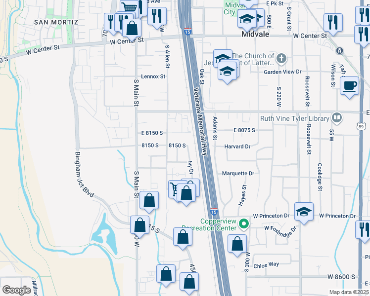 map of restaurants, bars, coffee shops, grocery stores, and more near 529 Ivy Drive in Midvale