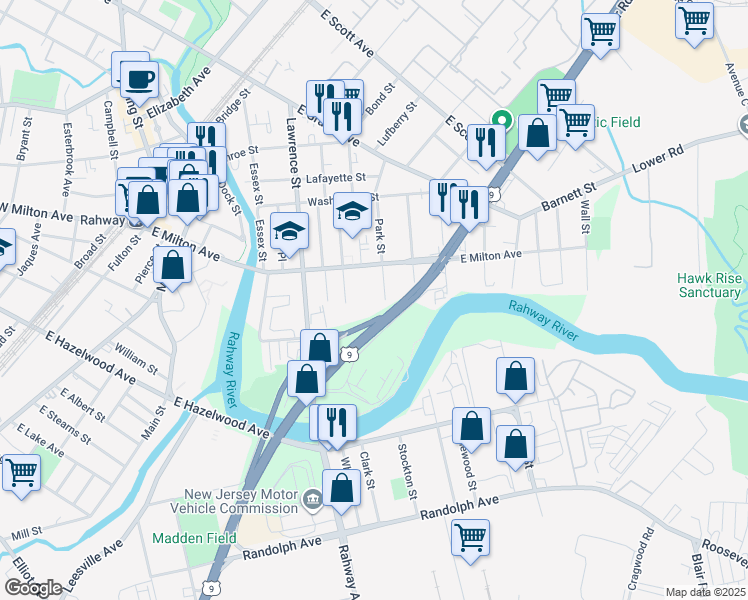 map of restaurants, bars, coffee shops, grocery stores, and more near 1608 Park St in Rahway
