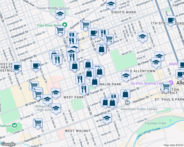 map of restaurants, bars, coffee shops, grocery stores, and more near 333 North 14th Street in Allentown