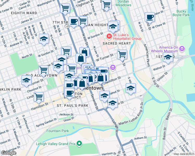 map of restaurants, bars, coffee shops, grocery stores, and more near 628W Linden Street in Allentown