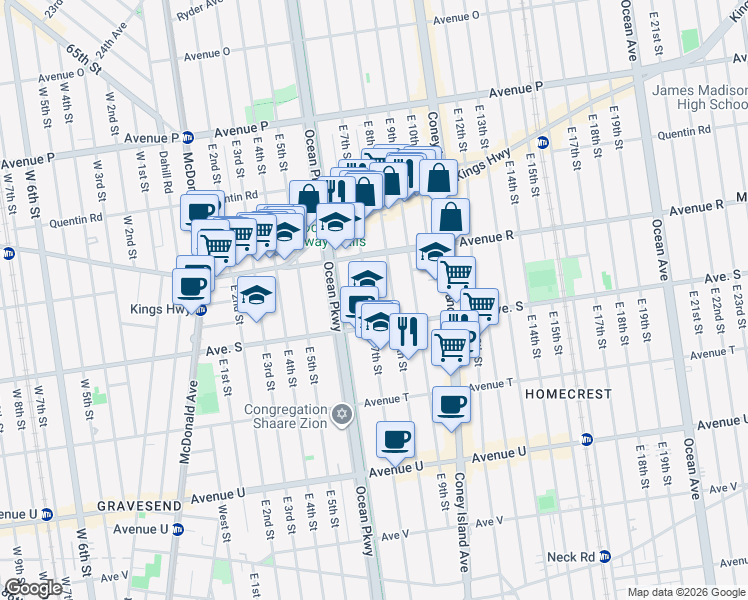 map of restaurants, bars, coffee shops, grocery stores, and more near 1931 East 7th Street in Brooklyn