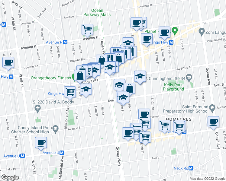 map of restaurants, bars, coffee shops, grocery stores, and more near 1853 Ocean Parkway Service Road in Brooklyn