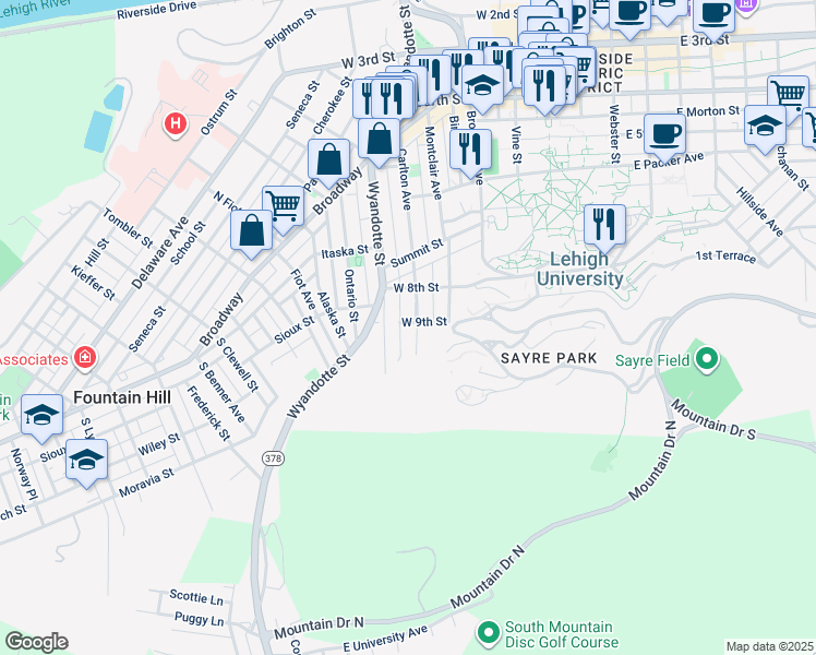 map of restaurants, bars, coffee shops, grocery stores, and more near 408 West 9th Street in Bethlehem