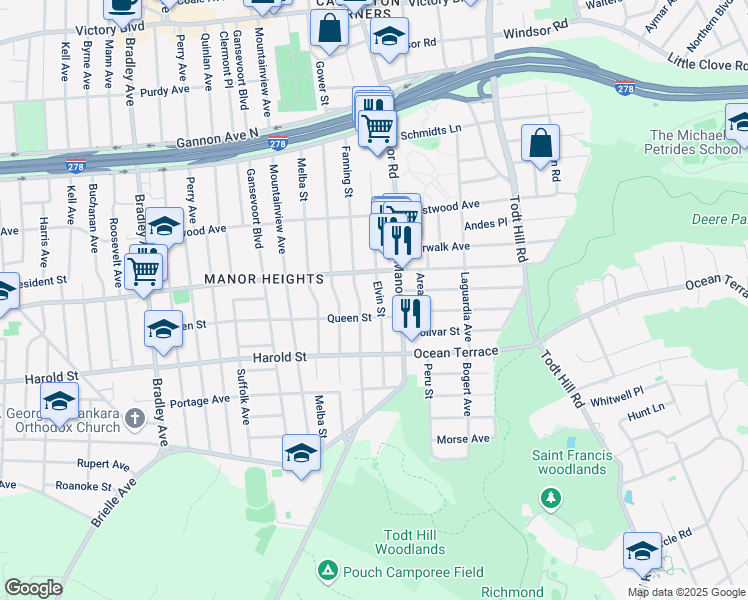 map of restaurants, bars, coffee shops, grocery stores, and more near 365 Fanning Street in Staten Island