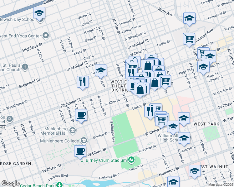 map of restaurants, bars, coffee shops, grocery stores, and more near 622 North Saint Elmo Street in Allentown
