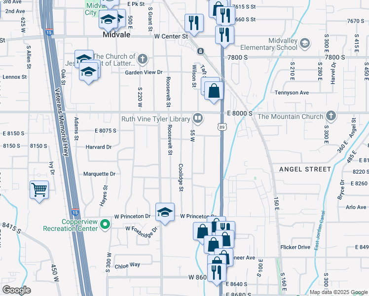 map of restaurants, bars, coffee shops, grocery stores, and more near 8145 Coolidge Street in Midvale
