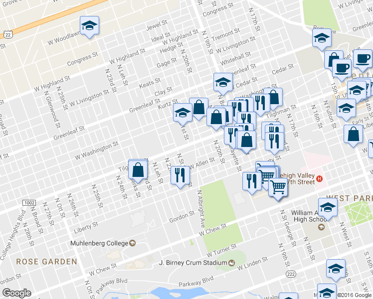 map of restaurants, bars, coffee shops, grocery stores, and more near 2108 Tilghman Street in Allentown