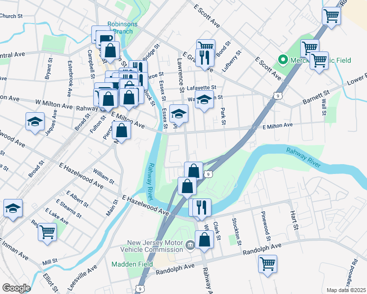 map of restaurants, bars, coffee shops, grocery stores, and more near 1484 Lawrence Street in Rahway