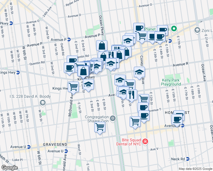 map of restaurants, bars, coffee shops, grocery stores, and more near 1850 Ocean Parkway in Brooklyn