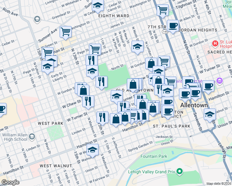 map of restaurants, bars, coffee shops, grocery stores, and more near 223 11th Street in Allentown