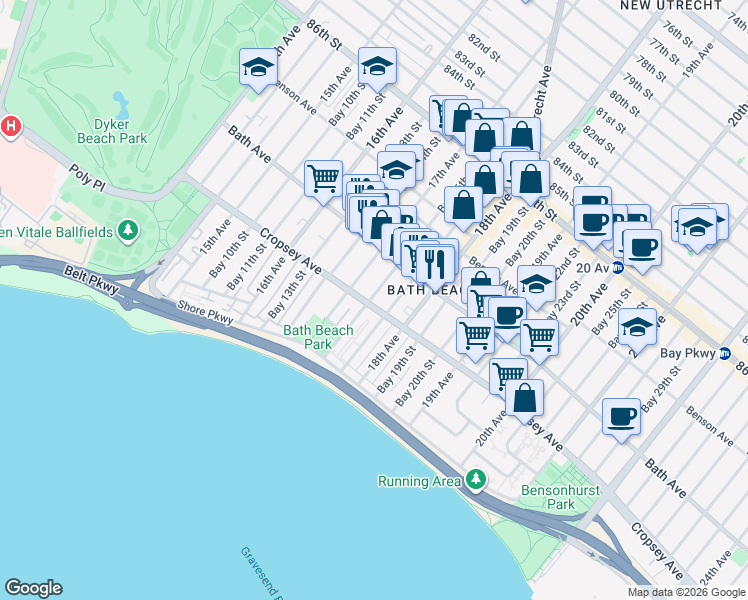 map of restaurants, bars, coffee shops, grocery stores, and more near 1739 Cropsey Avenue in Brooklyn