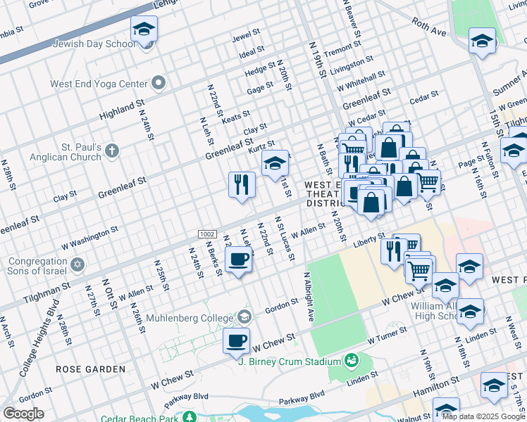 map of restaurants, bars, coffee shops, grocery stores, and more near 2147 Tilghman Street in Allentown