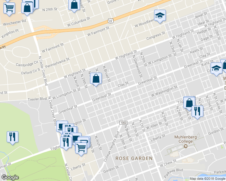 map of restaurants, bars, coffee shops, grocery stores, and more near 900 North Broad Street in Allentown