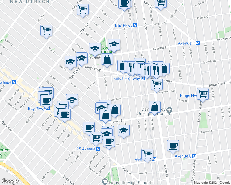 map of restaurants, bars, coffee shops, grocery stores, and more near 1773 West 12th Street in Brooklyn