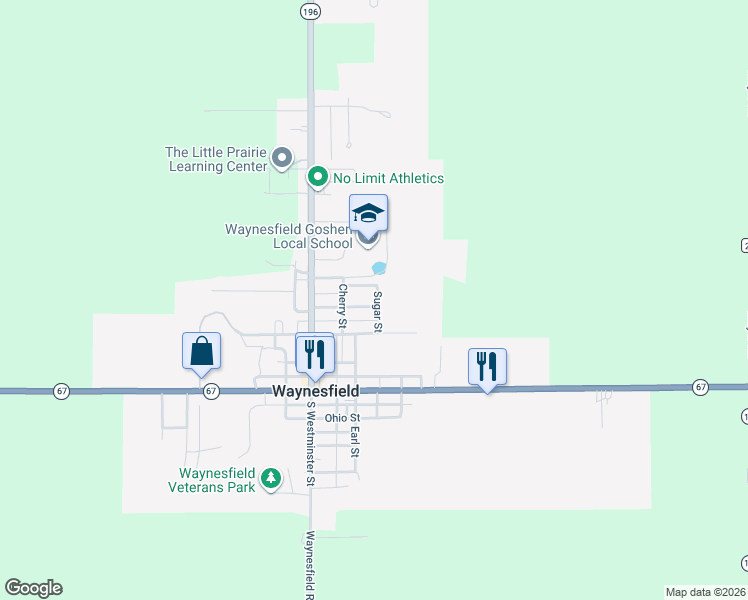 map of restaurants, bars, coffee shops, grocery stores, and more near 211E Elm Street in Waynesfield