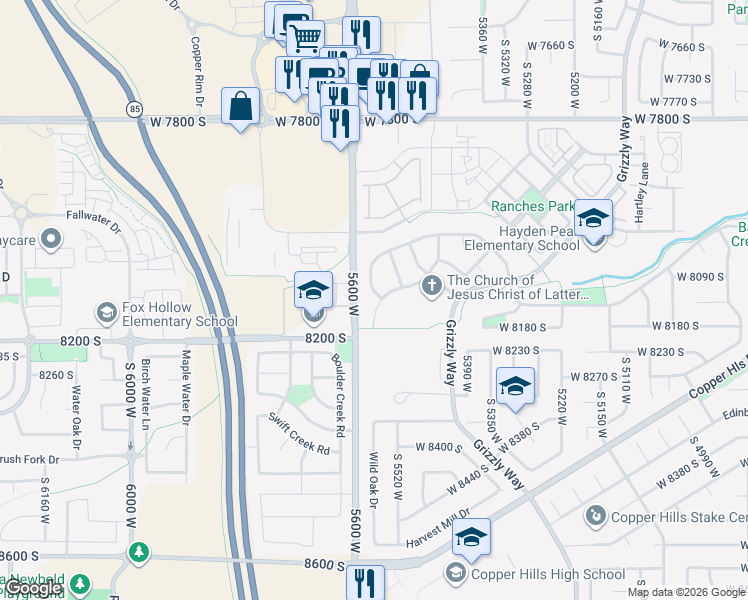 map of restaurants, bars, coffee shops, grocery stores, and more near 8124 Ponds Lodge Drive in West Jordan