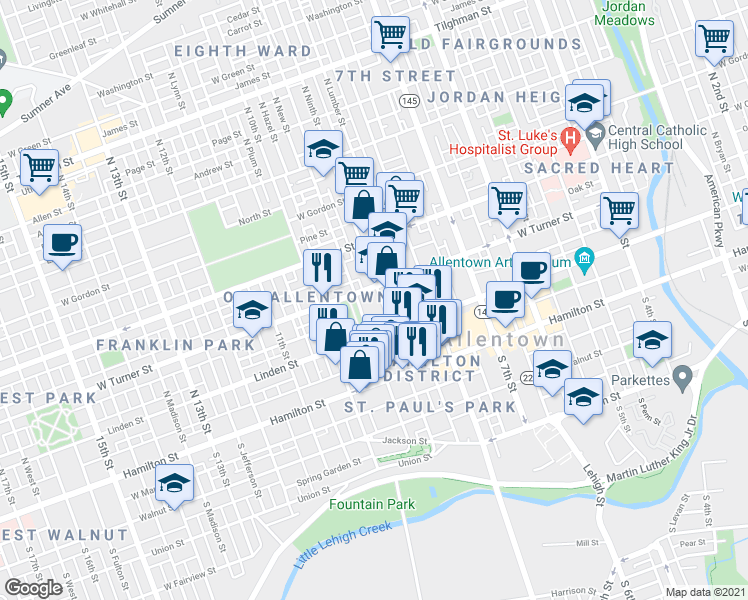 map of restaurants, bars, coffee shops, grocery stores, and more near 138 North 9th Street in Allentown