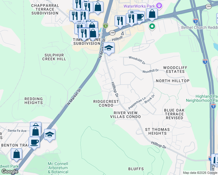map of restaurants, bars, coffee shops, grocery stores, and more near 481 Ridgecrest Trail in Redding