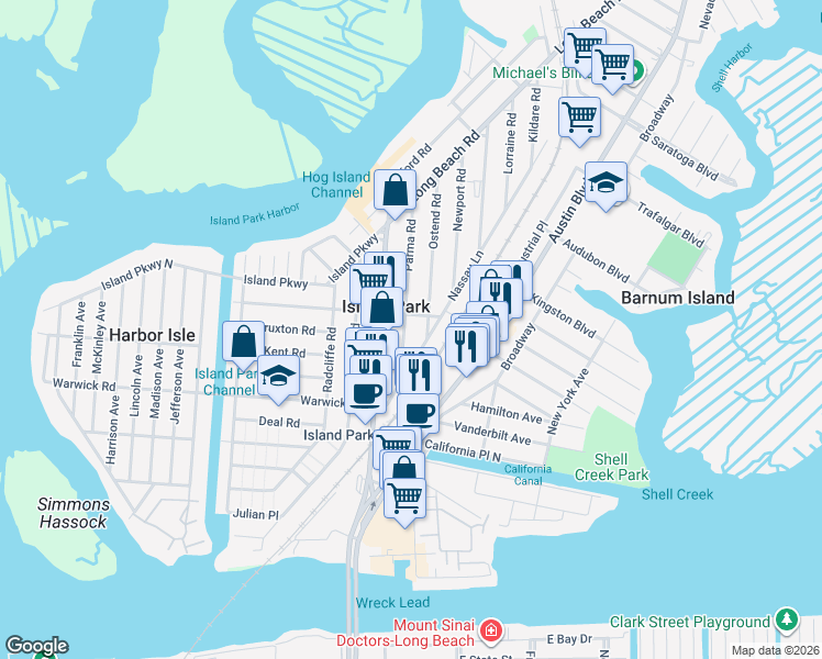 map of restaurants, bars, coffee shops, grocery stores, and more near 41 Parma Road in Island Park