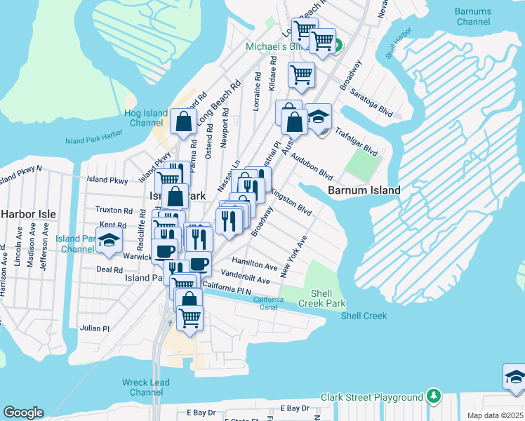 map of restaurants, bars, coffee shops, grocery stores, and more near 4334 Broadway in Island Park